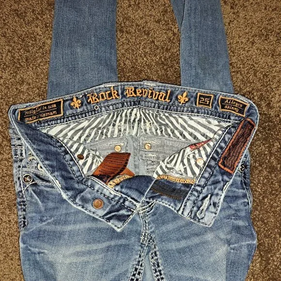 🪨 Rock Revival Allegra Skinny Jeans W/Leather Embroidered Flap Pockets size 25 - Picture 10 of 16